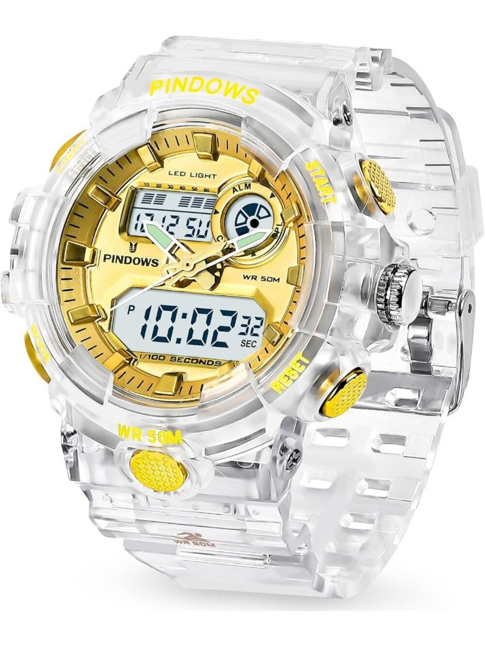 Women's Transparent Gold LED Light Large Analog Digital Display Waterproof Watch